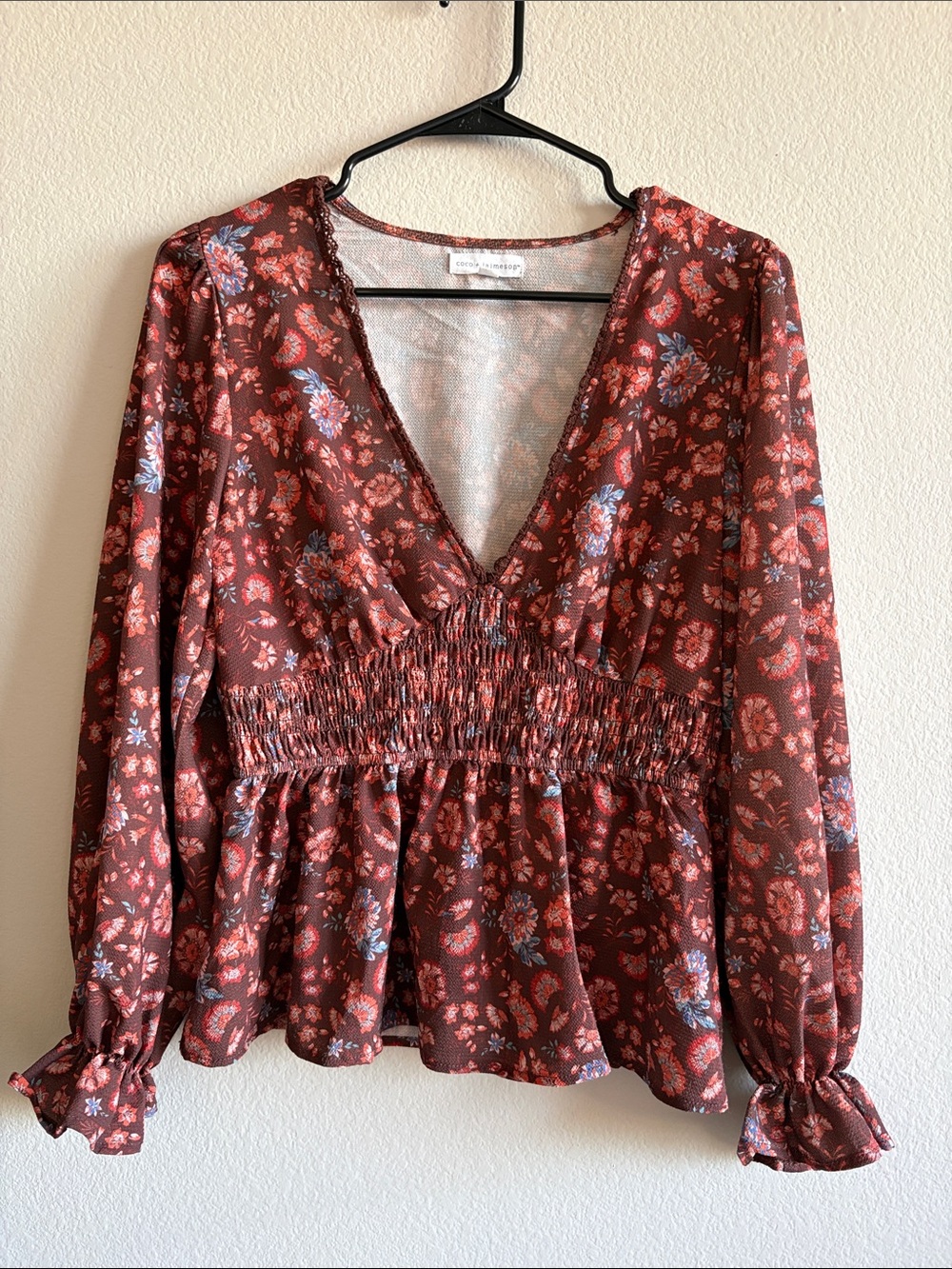 Coco + Jamieson Floral V-Neck Smocked Blouse Rust Peplum Long Sleeve Size L